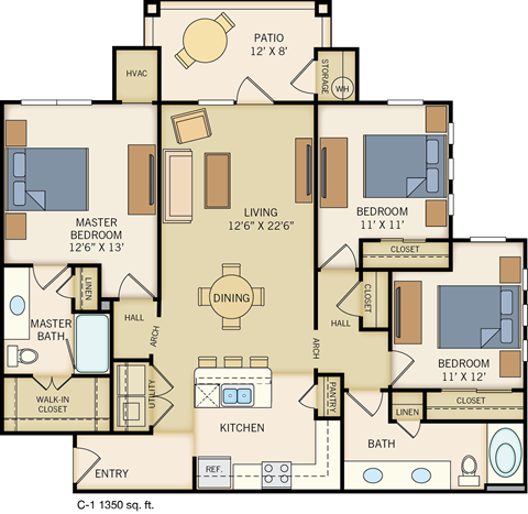 C-1 Floor Plan at Legacy Creekside Apartments, San Antonio, TX, 78251